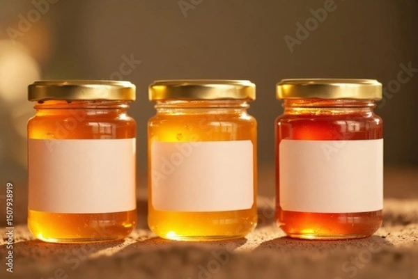 Obraz Three small jars of honey with blank labels.