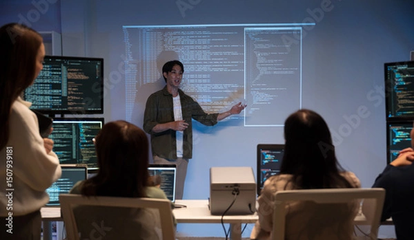 Obraz Asian man presents code using a projector during a software development meeting or coding workshop, guiding attendees through problem-solving and programming concepts in an educational setting.