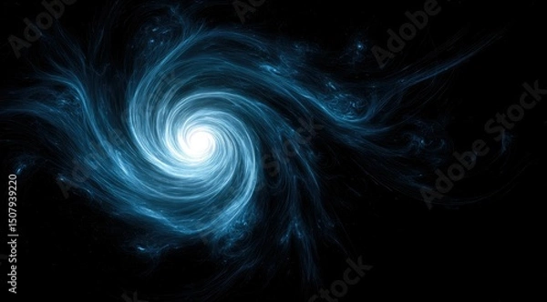 Fototapeta A luminous, swirling vortex of ethereal blue energy emanates from a bright center against a pitch-black background.  Intricate, smoky tendrils spiral outwards, creating a mesmerizing cosmic effect