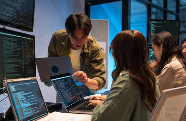 Obraz Asian man presents code during a software development meeting or coding workshop, guiding attendees through problem-solving and programming concepts in an educational setting.