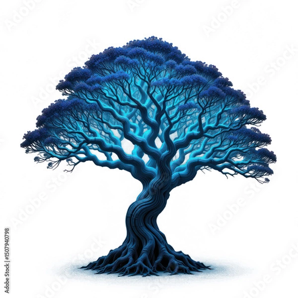 Fototapeta A bioluminescent tree resembling a giant coral, glowing with various shades of blue and green, full structure, plain png transparent background