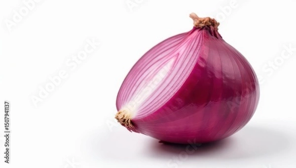 Fototapeta Close-up of red onion, showing layers, white backdrop, onion skin, still life, white background