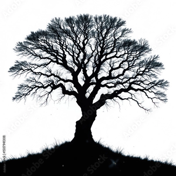 Fototapeta Dark silhouette of a sprawling tree, with tiny, firefly-like bioluminescent spores floating around it, all on a plain png transparent background