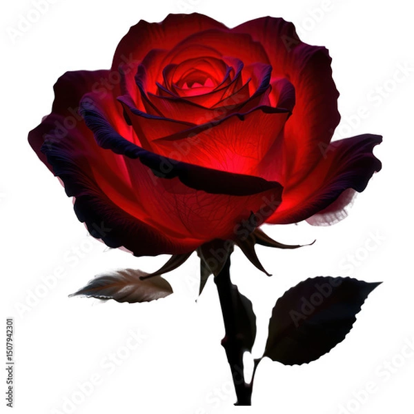 Fototapeta Single bioluminescent rose in full bloom, petals glowing with a gentle deep red light, entire flower with stem and leaves, png transparent background, macro.