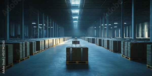 Fototapeta Large Industrial Warehouse with Wooden Crates and Lighting