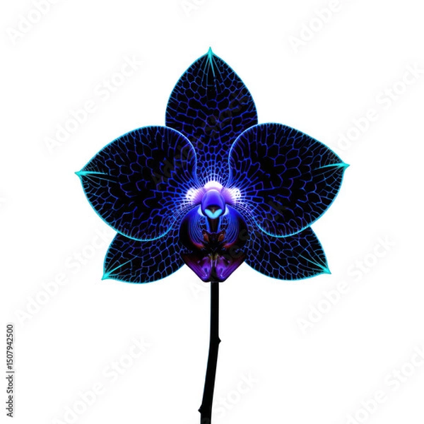 Fototapeta Exotic bioluminescent orchid, intricate patterns highlighted by a vibrant purple neon glow, whole flower, isolated, plain png transparent background