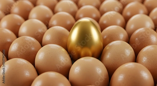 Fototapeta One Golden Egg Among Brown Eggs Stands Out as a Symbol of Uniqueness in a Still Life Composition