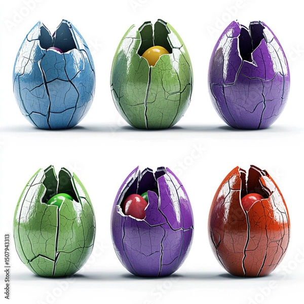 Fototapeta Six colorful cracked Easter eggs with a small candy inside, arranged in two rows
