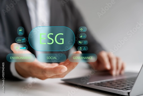 Fototapeta Businessman presenting ESG concept with icons of Environment, Social, and Governance, representing sustainable business, corporate responsibility, ethical investment, and green strategy.
