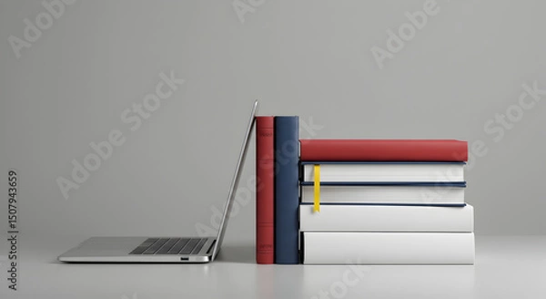 Fototapeta Open Laptop Leaning Against Stack of Red White and Blue Books on a Gray Background