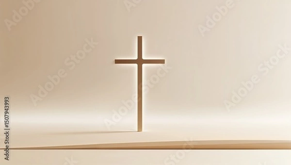 Obraz Glowing Christian cross standing in beige interior, with raised platform seam and soft backlighting
