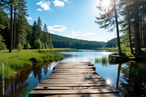 Obraz Wooden dock extending over a tranquil lake surrounded by lush greenery and towering trees.