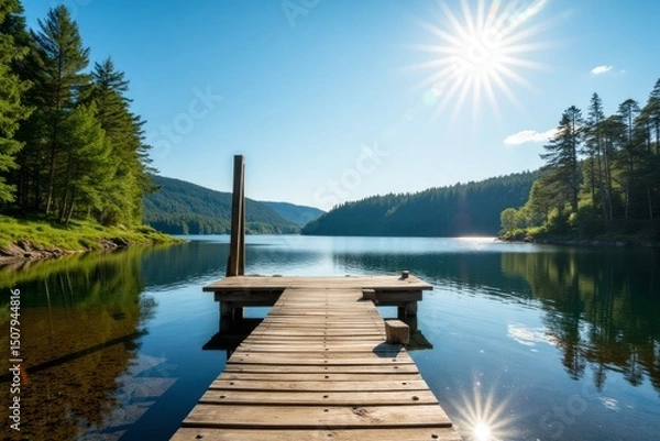 Obraz Wooden dock extending over tranquil lake water.