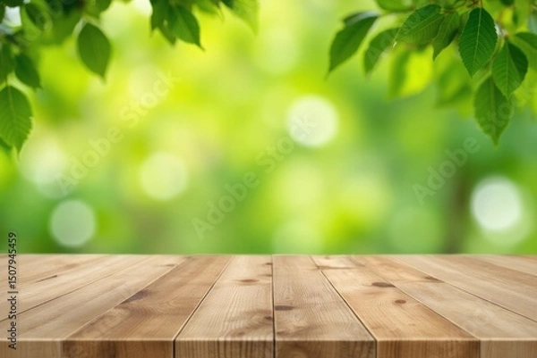 Obraz Wooden surface with a blurred background of leaves and out-of-focus greenery.