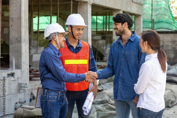 Fototapeta Newly wed couple is handshaking with engineering contractor at the under construction house to inspect building progress and quality control for home ownership and real estate development