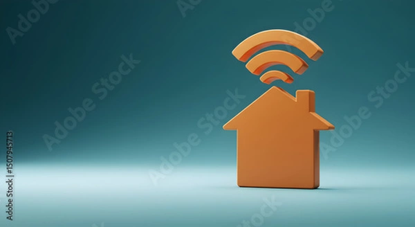Fototapeta Orange House Icon Under Wifi Symbol on Teal Background in 3D Render Representing Home Connectivity and Wireless Technology