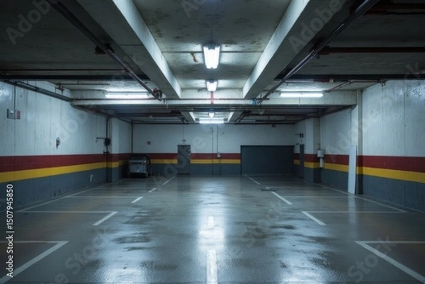 Obraz Empty underground parking garage with wet floor.