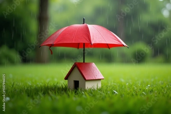 Obraz Miniature house sheltered by a red umbrella during a rain shower.