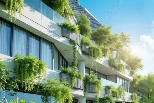 Obraz Modern building with extensive green walls and balconies.