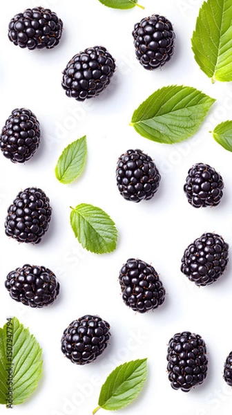 Obraz High-resolution image of blackberries with green leaves, captured in a minimal flat lay or isolated