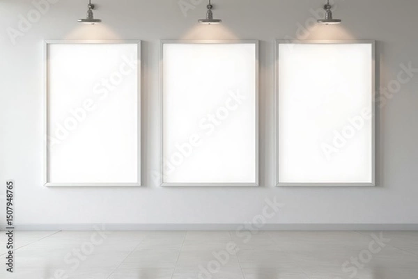 Fototapeta Three empty picture frames on a light gray wall.