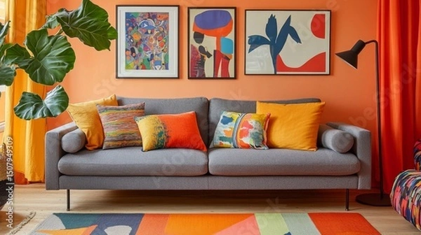 Obraz A gray sofa with bold pillows, orange curtain, and peach walls. Colorful rug, gallery wall, and leafy plant