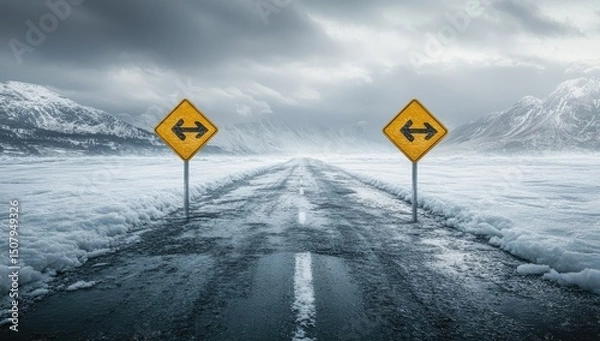 Fototapeta A snow-covered road with two directional signs, symbolizing a difficult choice