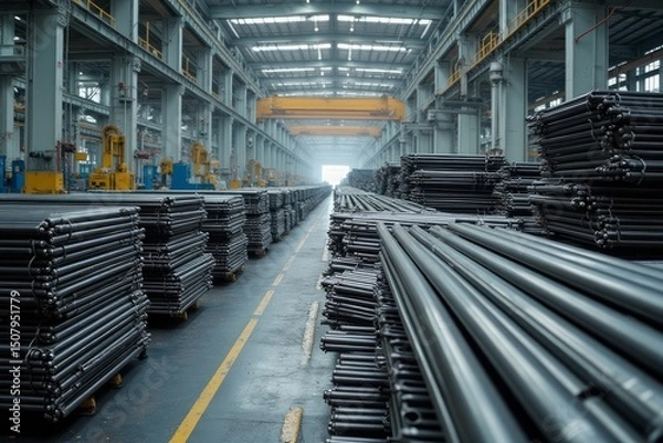 Obraz Metal pipes stacked in a large warehouse.