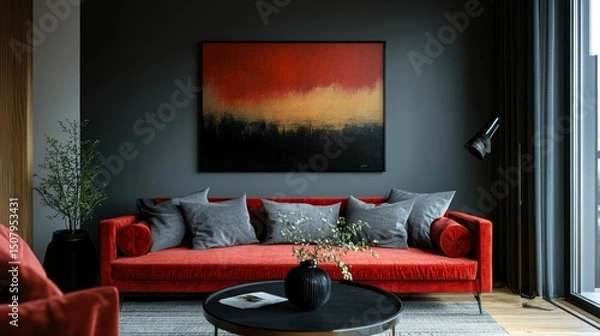 Obraz Modern living room with red velvet sofa, gray pillows, black vase on a coffee table, and earthy-toned abstract art, creating a warm, stylish setting