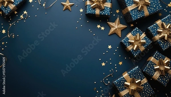 Fototapeta Festive navy blue background with gold gift boxes and confetti