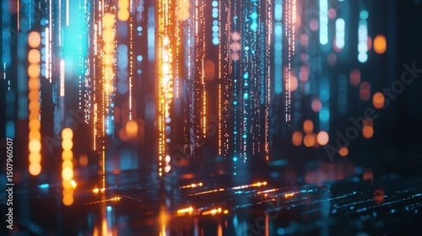Fototapeta Vibrant abstract composition of glowing digital lights lines and patterns suggesting a futuristic data exchange or technological network