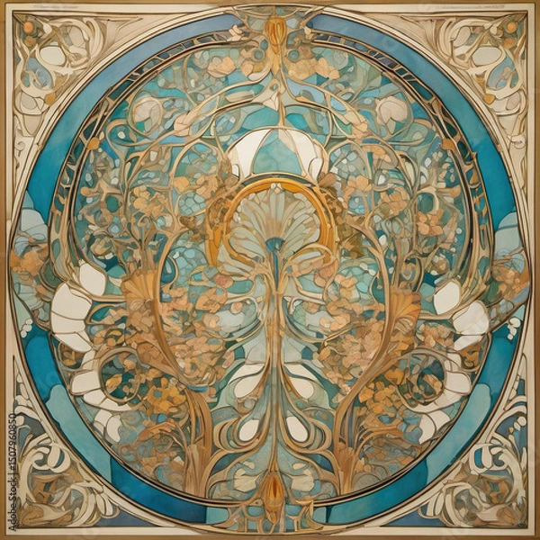 Fototapeta Art Nouveau Style Painting in Motion with Elevation Drawing