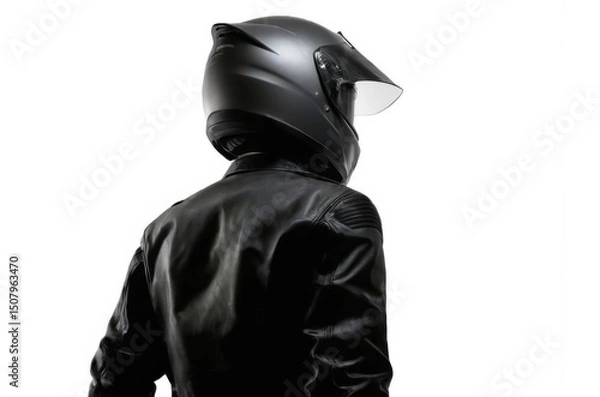 Fototapeta Motorcyclist with Black Helmet and Leather Jacket seen in lowangle shot with white background.