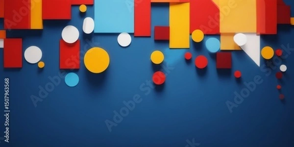 Fototapeta Colorful Geometric Abstract Background with Dark Blue Color, Featuring Various Shapes in Scattered Arrangement including Red, Orange, Yellow, Blue.