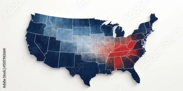 Fototapeta USA map mosaic with states in varying shades of blue  from light to dark, creating a colorful and intricate design.