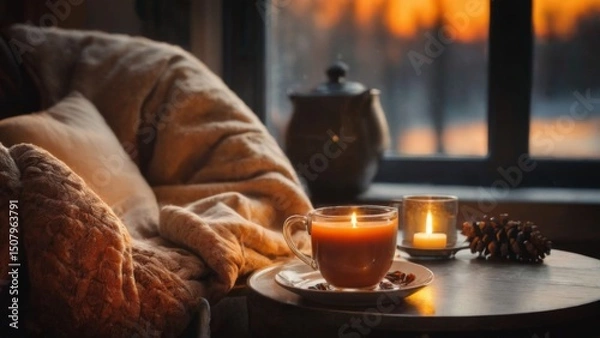 Fototapeta Cozy Living Room with Large Window, Snowy Landscape View, Lit Candle, and Basket of Pine Cones on Wooden Table