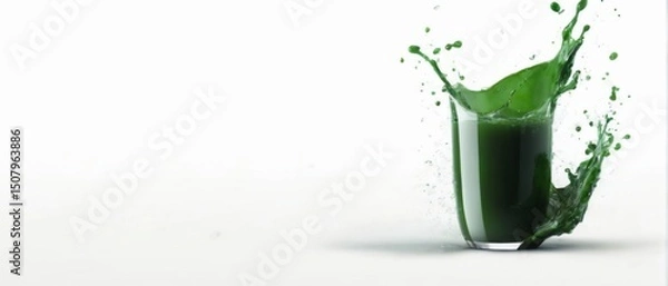Fototapeta Freshly squeezed green juice splashing out of glass on white background, creating dynamic energy with scattered droplets.