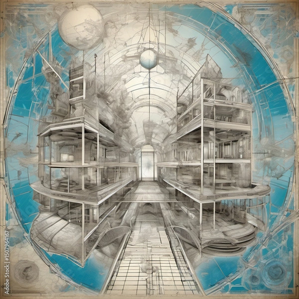 Obraz Blueprint-Style Dreamscape Stencil Art �C Surreal Architectural Fantasy