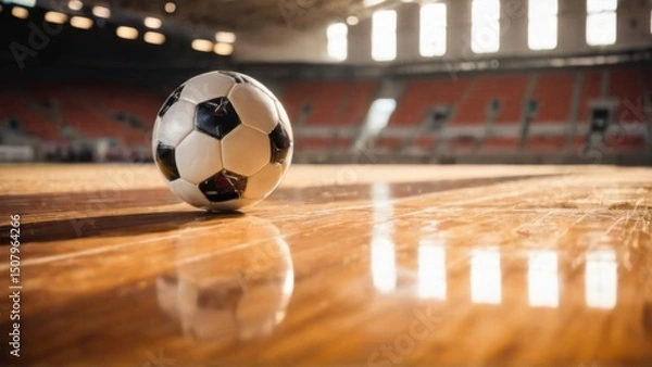 Fototapeta Soccer ball on indoor stadium floor with blurred empty seats, white ball with black stars reflecting stadium lights.