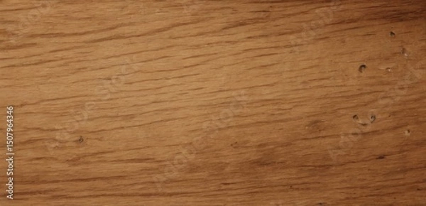 Fototapeta Closeup view of light brown wooden surface with visible grain, texture, and small holes, shot from topdown perspective.