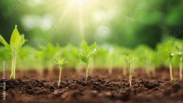 Fototapeta Lush young plants in wellmaintained soil bathed in sunlight, creating a peaceful and serene garden atmosphere.