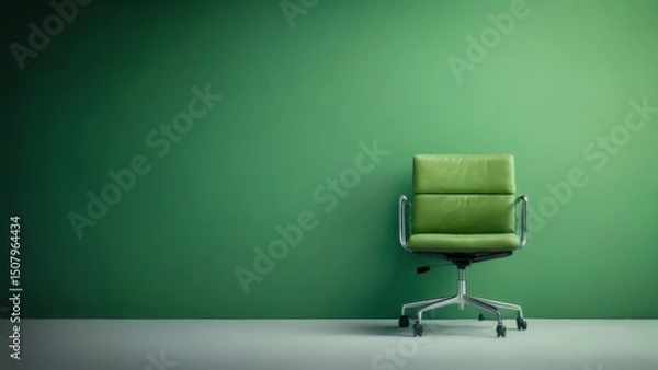 Fototapeta Modern Green Leather Office Chair with Sleek Design, High Backrest, and Swivel Base in Minimalistic Office Setting