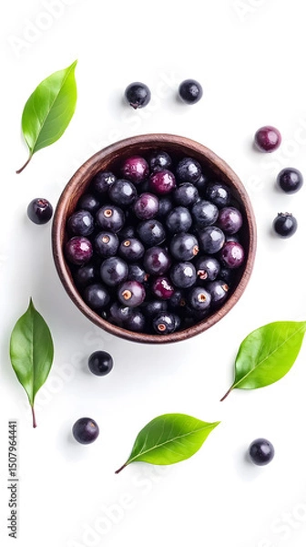 Obraz High-resolution image of acai berries in bowl with leaves, captured in a minimal flat lay or