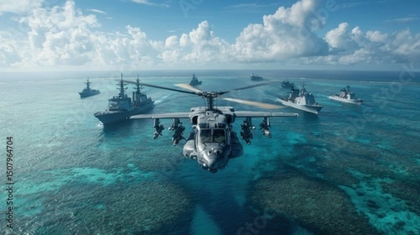 Fototapeta An aerial shot captures a navy helicopter likely a Seahawk model soaring above a fleet of ships navigating the turquoise waters of the open ocean