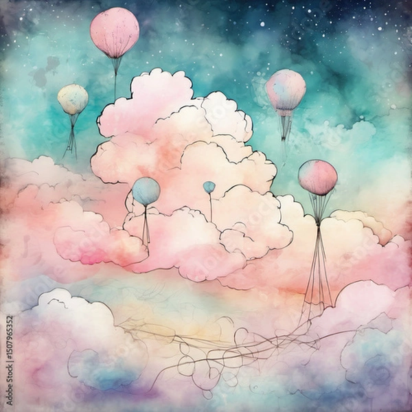 Obraz Dreamy Cotton Candy Sky in Skeletal Outline Mixed Media Art