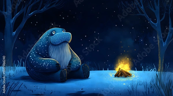 Obraz A whimsical blue creature sits near a soothing campfire in a tranquil nighttime forest