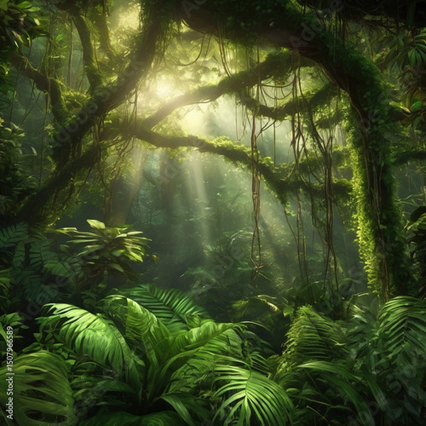 Fototapeta Serene Rainforest Canopy Scene with Soft Lighting in Live-Action Composite Style