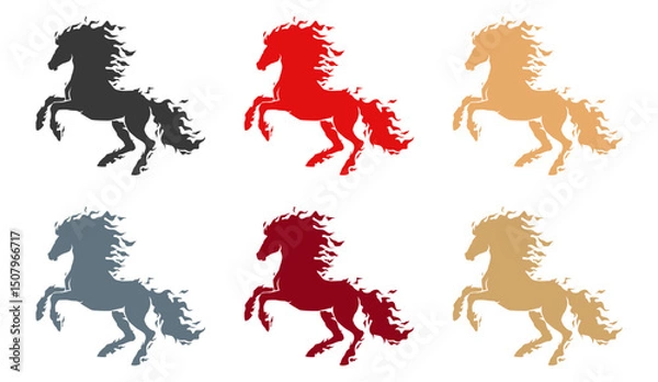 Obraz Silhouette of galloping horses in various colors. Dynamic and powerful horse shapes with flowing manes, ideal for equestrian themes, sports, freedom, energy, or wild nature concept design