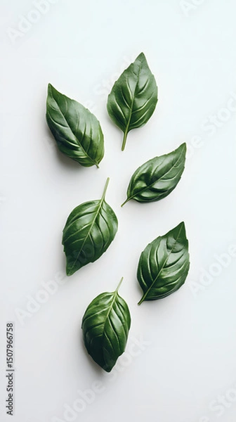 Obraz High-resolution image of top view of basil leaves isolated on white