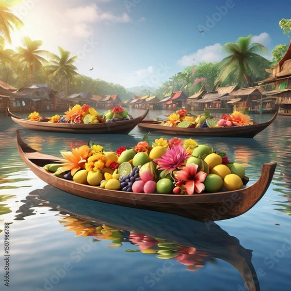 Obraz Serene Floating Market Scene with Boats and Fresh Produce in Static Pose Style �C Product Visualization